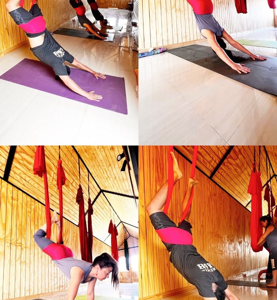 Distintas posturas de aerial yoga practicadas en la sala